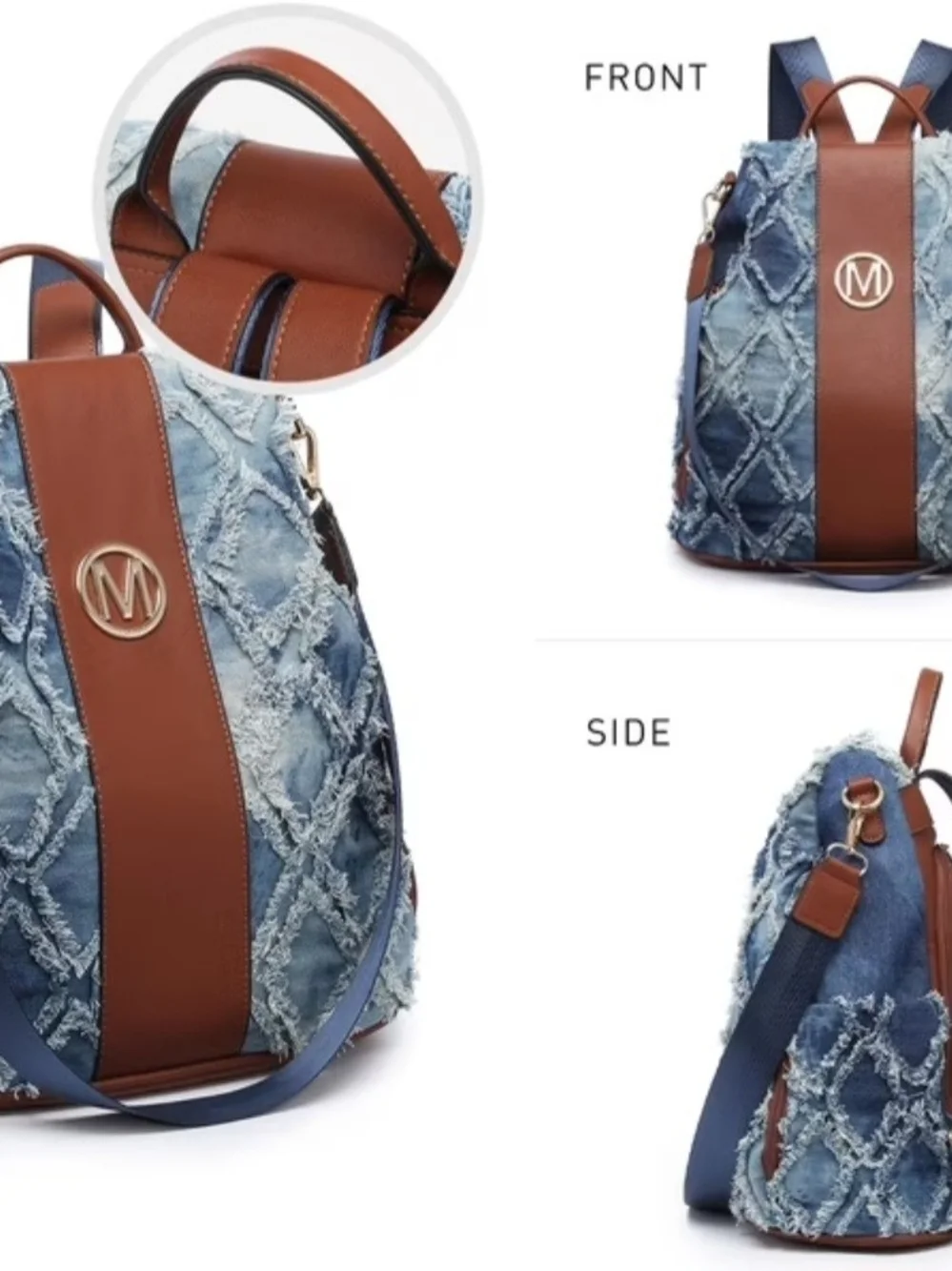 Denim Fringe Quilted Backpack with Brown Trim